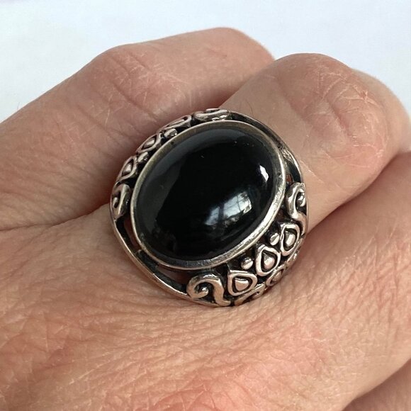 Sterling Silver 925 Chunky Oval Black Onyx Cab Pierced Scrollwork Ring Sz 6.5 - Picture 12 of 16